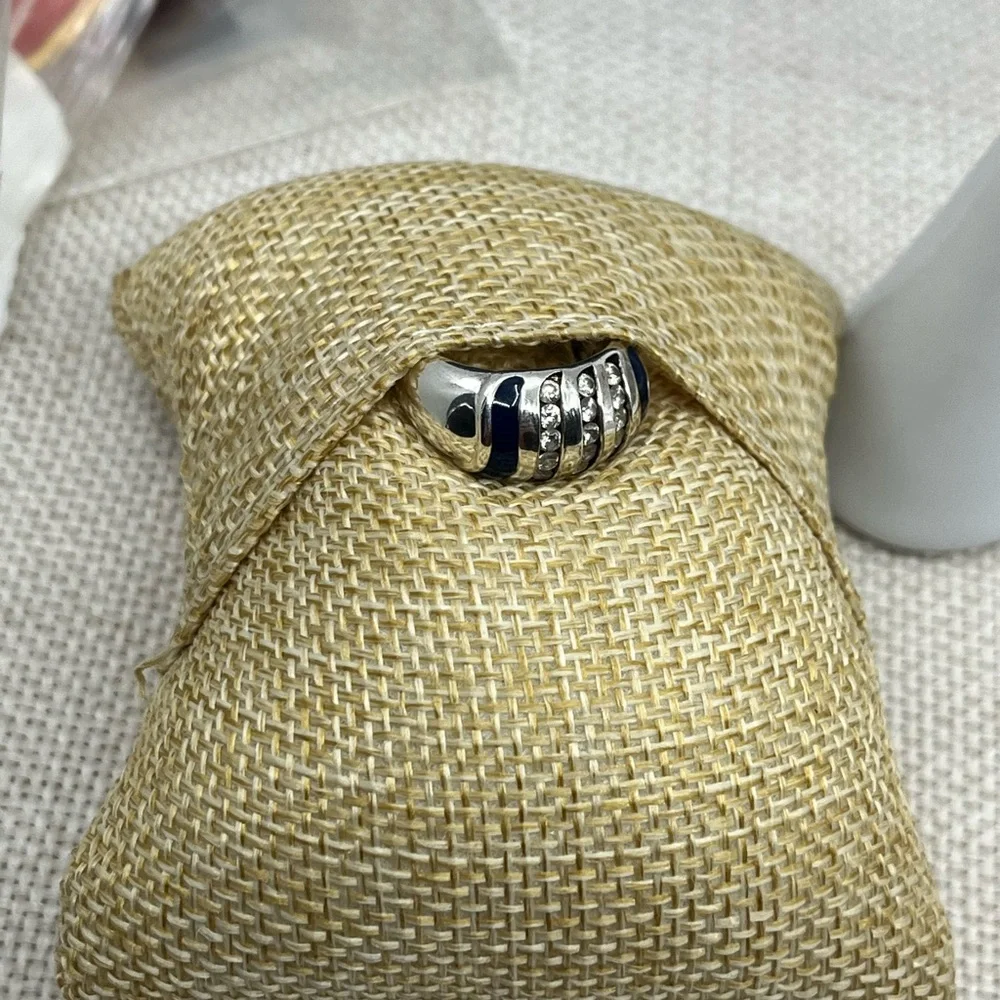 Vintage Sterling Silver Wide Band Ring with Enamel & CZ Accents Size 4.75